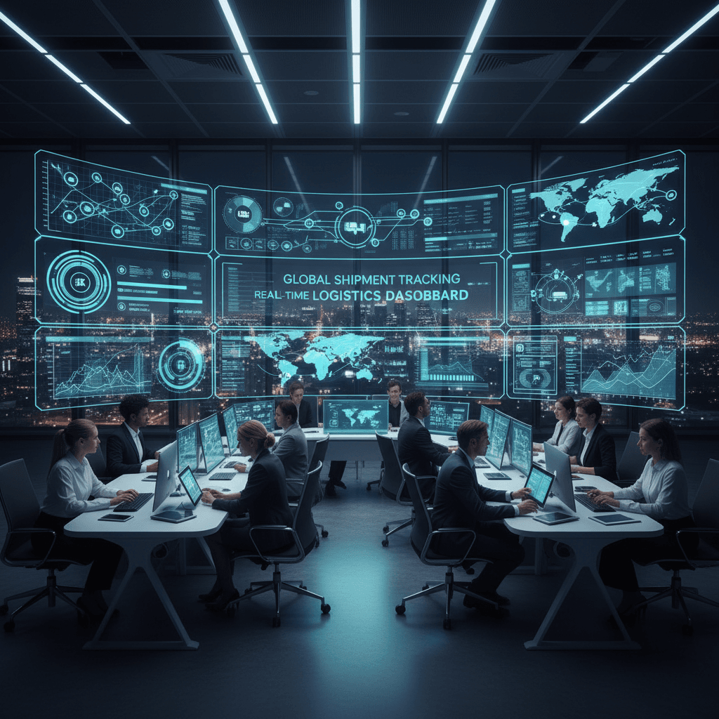 Logistics operations team monitoring real-time shipment data